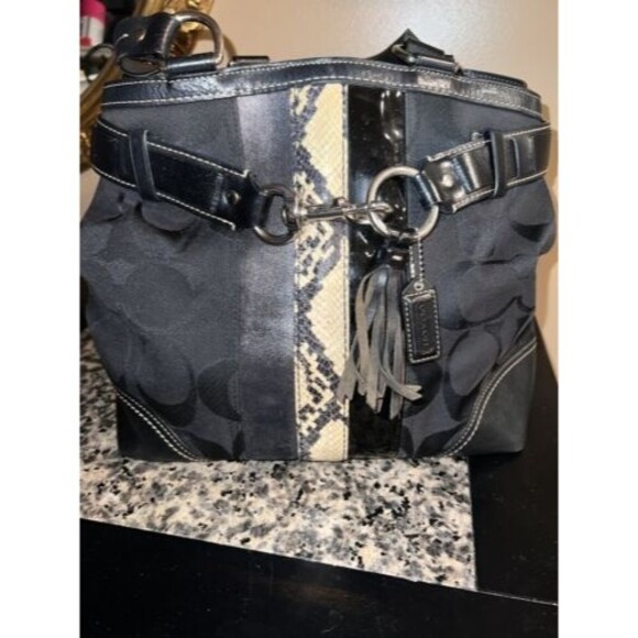 Coach Handbag Hamptons Python Stripe shoulder bag Canvas Leather Black purse Y2K - Picture 12 of 12